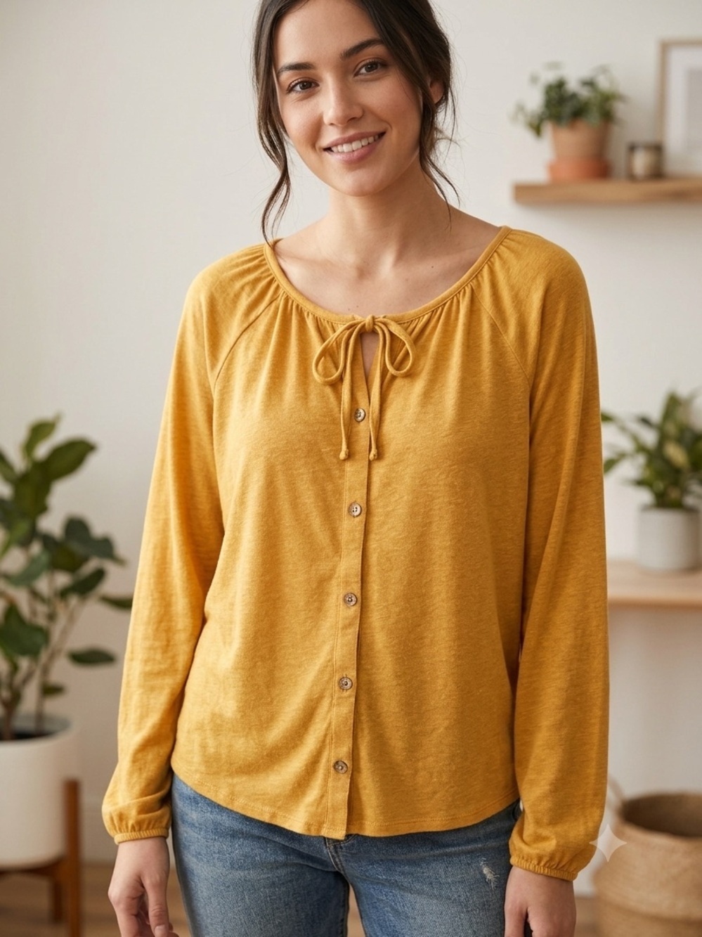 Pact Portside Poet Organic Cotton Linen Blend Tie Neck Blouse Yellow Top Size XS